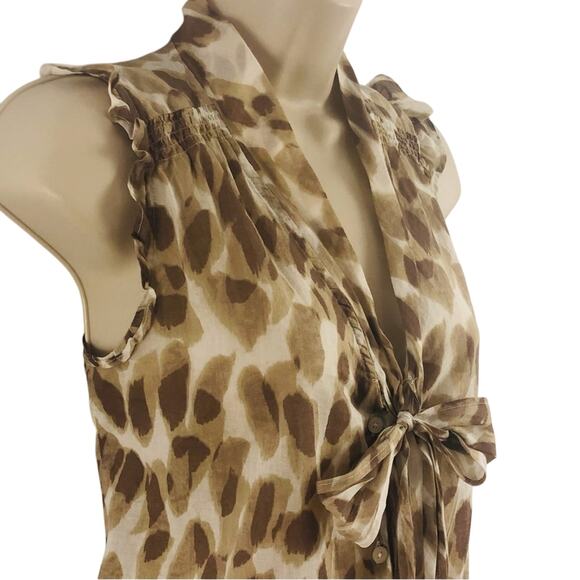 Ann Taylor Loft Tan Brown Animal Print Button Front Top Ruffled Sleeveless Bow - Picture 8 of 16